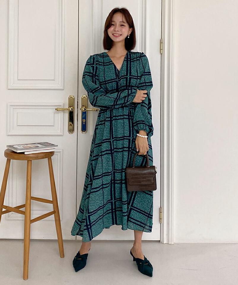 チェックレオパードロングワンピース・全3色・b58119 レディース 【ops】韓国ファッション ワンピース ロング ロングワンピース 長袖 レオパード パターン チェック柄 Vネック フレア Aライン 体型カバー 細身 秋 春