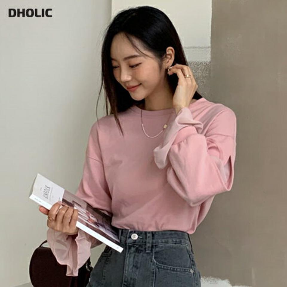 シフォンスリーブTシャツ・全4色・e58121 レディース 【tops】韓国ファッション トップス Tシャツ 長袖 シンプル シフォンスリーブ シフォン パステル ラウンドネック スリム ベーシック デイリー フェミニン 秋 春