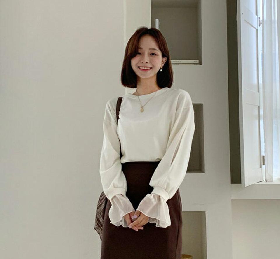 シフォンスリーブTシャツ・全4色・e58121 レディース 【tops】韓国ファッション トップス Tシャツ 長袖 シンプル シフォンスリーブ シフォン パステル ラウンドネック スリム ベーシック デイリー フェミニン 秋 春
