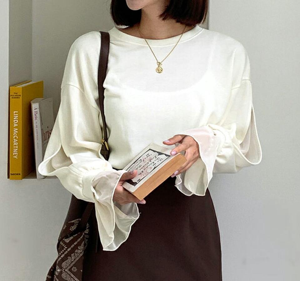 シフォンスリーブTシャツ・全4色・e58121 レディース 【tops】韓国ファッション トップス Tシャツ 長袖 シンプル シフォンスリーブ シフォン パステル ラウンドネック スリム ベーシック デイリー フェミニン 秋 春