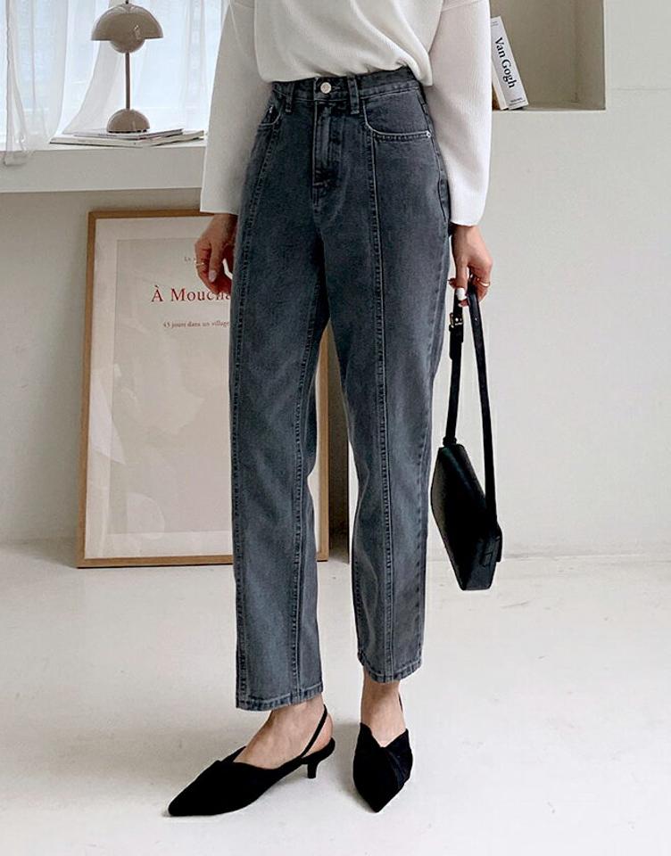 センターステッチデニムパンツ・全1色・t58129 レディース 【pt】韓国ファッション ボトムス ロング ロングパンツ ベーシック ステッチ デニムパンツ デニム ハイウエスト 無地 体型カバー 足長 着痩せ 秋 春