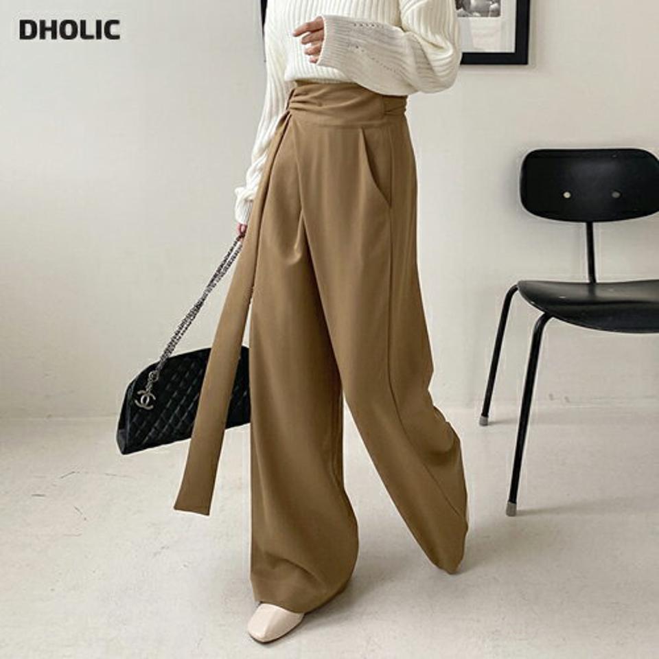 サイドリボンワイドパンツ・全3色・e58130 レディース 【pt】韓国ファッション ボトムス ロング ロングパンツ ベーシック リボン ワイド ハイウエスト 楽ちん 無地 ワイドパンツ 足長 着痩せ カラーパンツ 秋 春