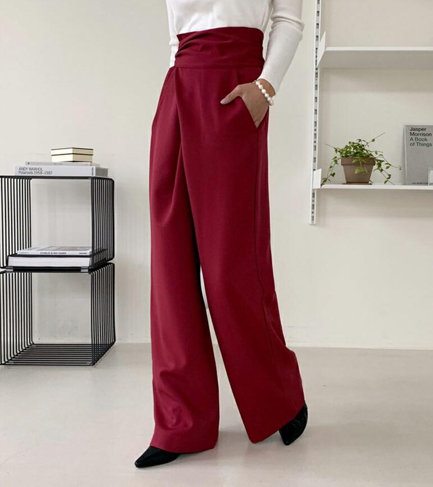 サイドリボンワイドパンツ・全3色・e58130 レディース 【pt】韓国ファッション ボトムス ロング ロングパンツ ベーシック リボン ワイド ハイウエスト 楽ちん 無地 ワイドパンツ 足長 着痩せ カラーパンツ 秋 春