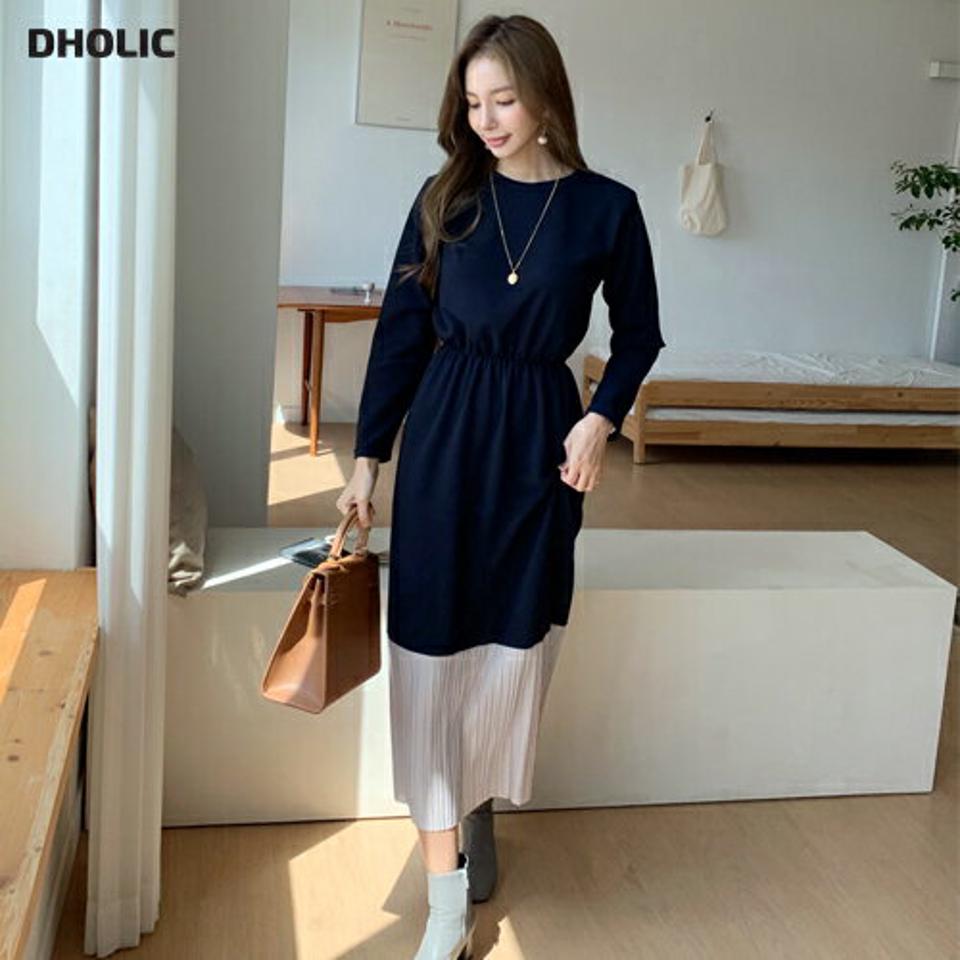 プリーツ配色ワンピース・全3色・b70089 レディース 【ops】 ワンピース ロング ロングワンピース 長袖 プリーツ 配色 ゴム ラウンドネック フレア 体型カバー 細身 Aライン 春 秋 韓国ファッション ハイホリHIHOLLI