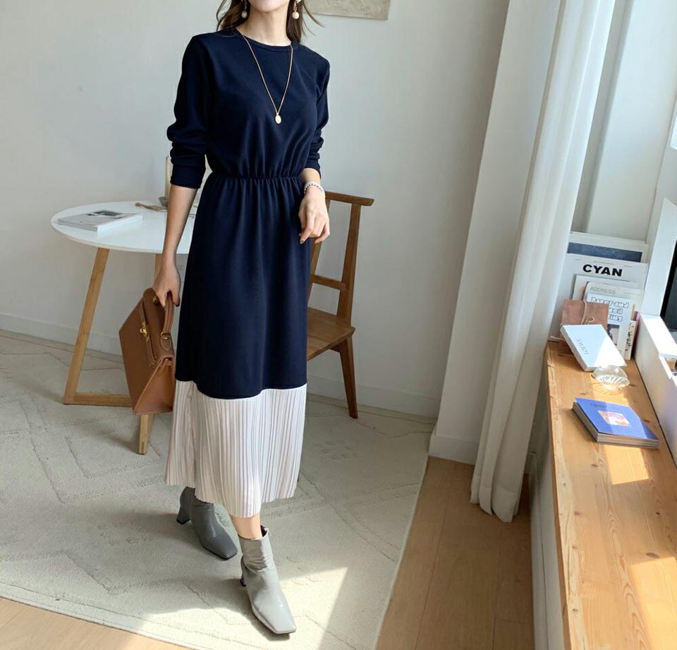 プリーツ配色ワンピース・全3色・b70089 レディース 【ops】 ワンピース ロング ロングワンピース 長袖 プリーツ 配色 ゴム ラウンドネック フレア 体型カバー 細身 Aライン 春 秋 韓国ファッション ハイホリHIHOLLI