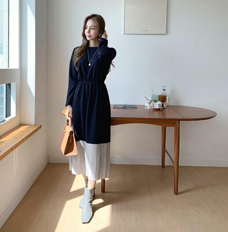 プリーツ配色ワンピース・全3色・b70089 レディース 【ops】 ワンピース ロング ロングワンピース 長袖 プリーツ 配色 ゴム ラウンドネック フレア 体型カバー 細身 Aライン 春 秋 韓国ファッション ハイホリHIHOLLI