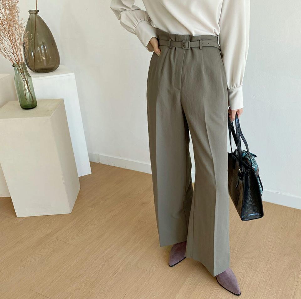 ベルト付ダーツワイドパンツ・全3色・t70220 レディース 【pt】 ボトムス ロング ロングパンツ ベーシック ストレート スリム ベルト ワイド 体型カバー 足長 着痩せ オフィスカジュアル 春 秋 韓国ファッション ハイホリHIHOLLI