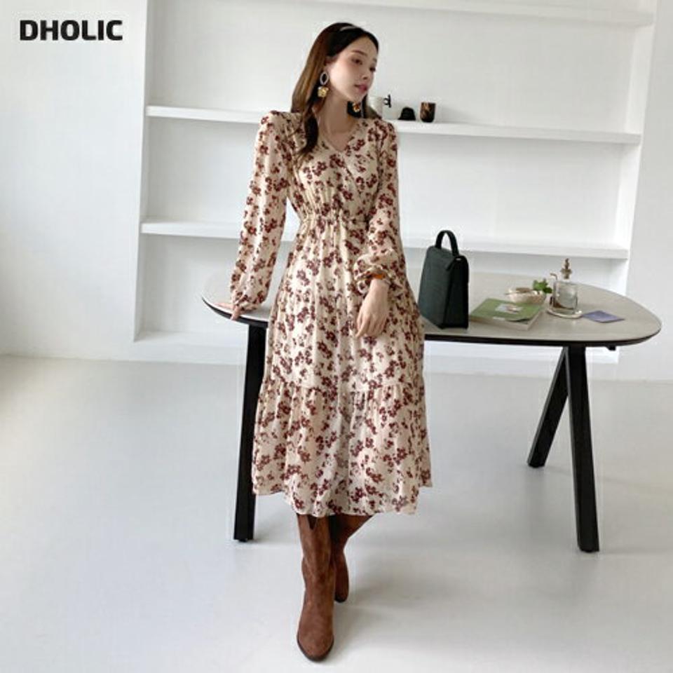 Vネック花柄ドロストシフォンワンピース・全2色・b70090 レディース 【ops】 ワンピース ロング ロングワンピース 長袖 シフォン 花柄 フラワー パターン Vネック フレア 体型カバー Aライン ストリング 春 秋 韓国ファッション ハイホリHIHOLLI