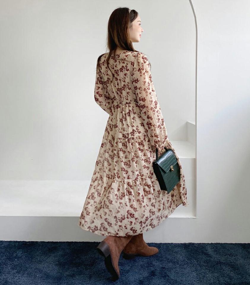 Vネック花柄ドロストシフォンワンピース・全2色・b70090 レディース 【ops】 ワンピース ロング ロングワンピース 長袖 シフォン 花柄 フラワー パターン Vネック フレア 体型カバー Aライン ストリング 春 秋 韓国ファッション ハイホリHIHOLLI