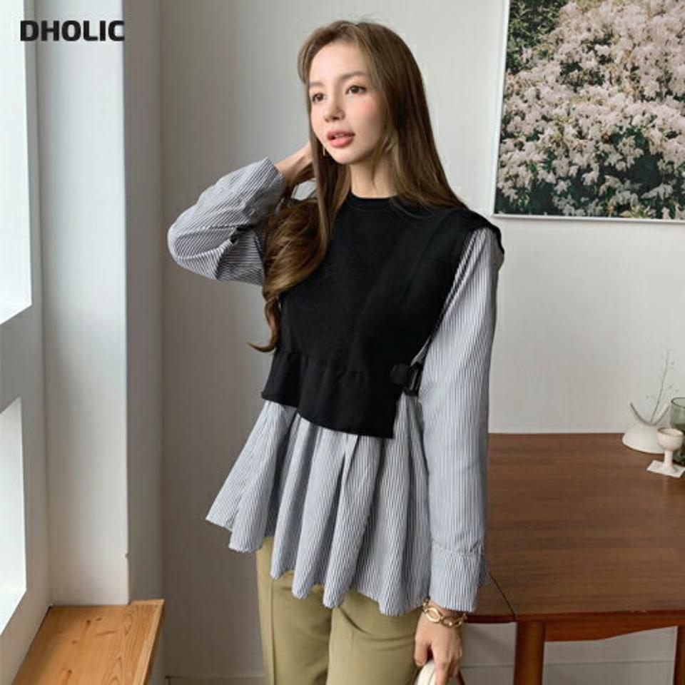 ストライプ配色サイドベルトニット・全2色・b70082 レディース 【tops】 トップス ニット 長袖 ストライプ ブラウス レイヤード風 配色 メリハリ フレア ベスト 大人 シンプル 細身 体型カーバー 上品 春 秋 韓国 ファッション ハイホリHIHOLLI