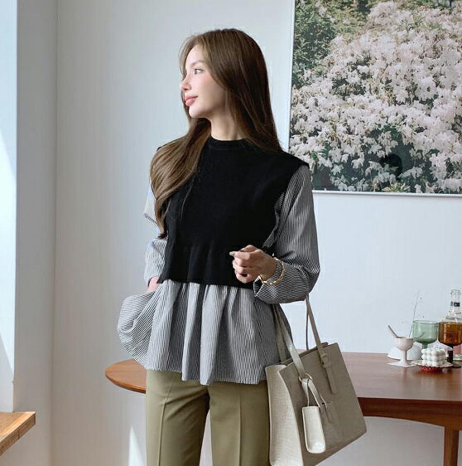 ストライプ配色サイドベルトニット・全2色・b70082 レディース 【tops】 トップス ニット 長袖 ストライプ ブラウス レイヤード風 配色 メリハリ フレア ベスト 大人 シンプル 細身 体型カーバー 上品 春 秋 韓国 ファッション ハイホリHIHOLLI