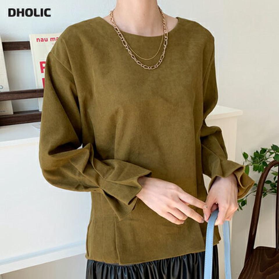 タックラウンドブラウス・全4色・t70094 レディース 【bl】 トップス ブラウス 長袖 大人 スエード調 ラウンドネック 上品 フェミニン カジュアル 春 秋 韓国 ファッション ハイホリHIHOLLI