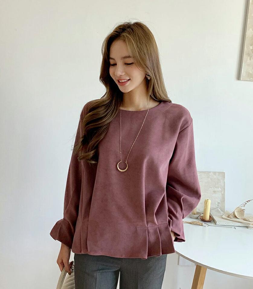 タックラウンドブラウス・全4色・t70094 レディース 【bl】 トップス ブラウス 長袖 大人 スエード調 ラウンドネック 上品 フェミニン カジュアル 春 秋 韓国 ファッション ハイホリHIHOLLI
