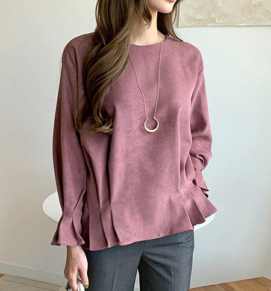 タックラウンドブラウス・全4色・t70094 レディース 【bl】 トップス ブラウス 長袖 大人 スエード調 ラウンドネック 上品 フェミニン カジュアル 春 秋 韓国 ファッション ハイホリHIHOLLI