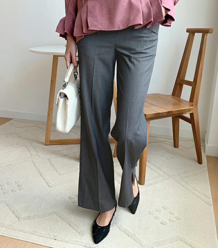 スリットスラックス・全3色・t70097 レディース 【pt】 ボトムス ロング ロングパンツ ベーシック スラックス ストレートライン スリット 足長 着痩せ オフィスカジュアル 春 秋 韓国ファッション ハイホリHIHOLLI