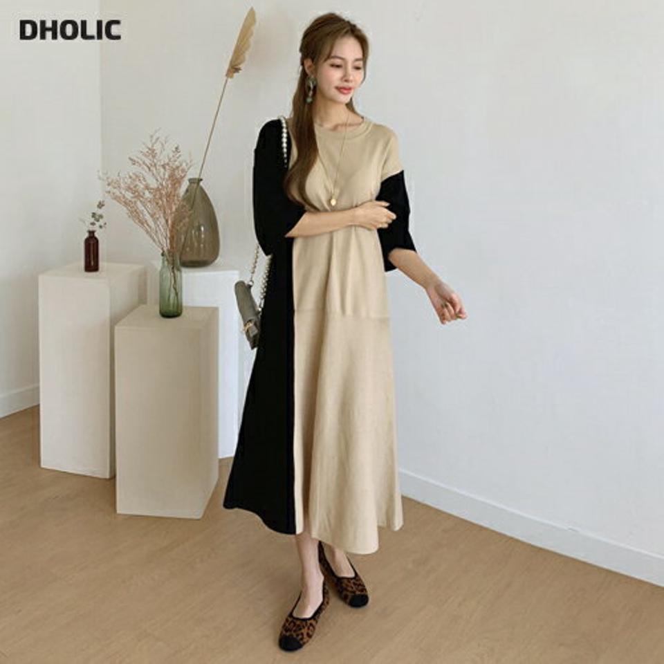 ラウンドネック配色ニットワンピース・全2色・t70088 レディース 【ops】 ワンピース ロング ロングワンピース 長袖 配色 ルーズ ラウンドネック フレア ニット 体型カバー 細身 Aライン 春 秋 韓国ファッション ハイホリHIHOLLI