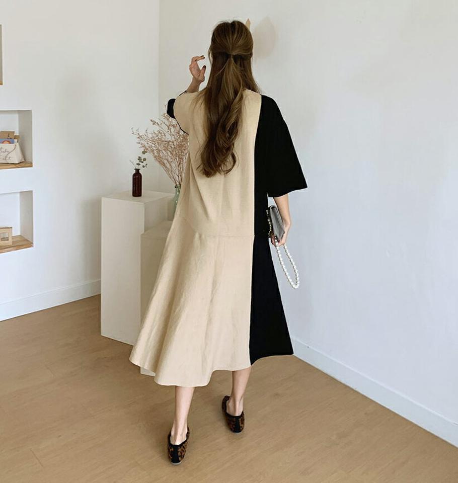 ラウンドネック配色ニットワンピース・全2色・t70088 レディース 【ops】 ワンピース ロング ロングワンピース 長袖 配色 ルーズ ラウンドネック フレア ニット 体型カバー 細身 Aライン 春 秋 韓国ファッション ハイホリHIHOLLI