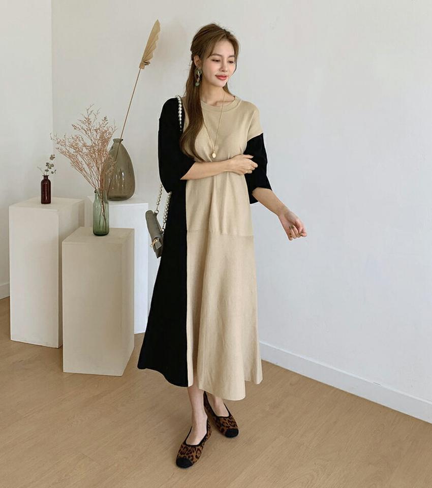 ラウンドネック配色ニットワンピース・全2色・t70088 レディース 【ops】 ワンピース ロング ロングワンピース 長袖 配色 ルーズ ラウンドネック フレア ニット 体型カバー 細身 Aライン 春 秋 韓国ファッション ハイホリHIHOLLI