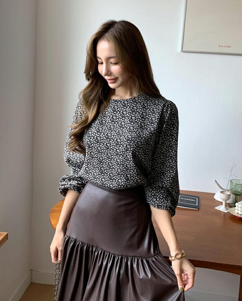 フローラルラウンドブラウス・全3色・t70079 レディース 【bl】 トップス ブラウス 長袖 大人 花柄 フローラル ラウンドネック 小花柄 上品 フェミニン カジュアル 春 秋 韓国 ファッション ハイホリHIHOLLI