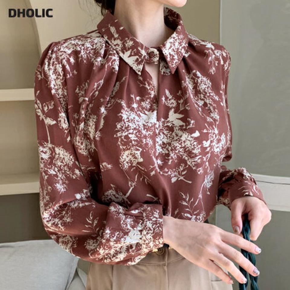 スリットネックプリントカラーブラウス・全2色・t70080 レディース 【bl】 トップス ブラウス 長袖 大人 ユニーク プリント シャツブラウス ラーネック シャツ 上品 フェミニン カジュアル 春 秋 韓国ファッション ハイホリHIHOLLI