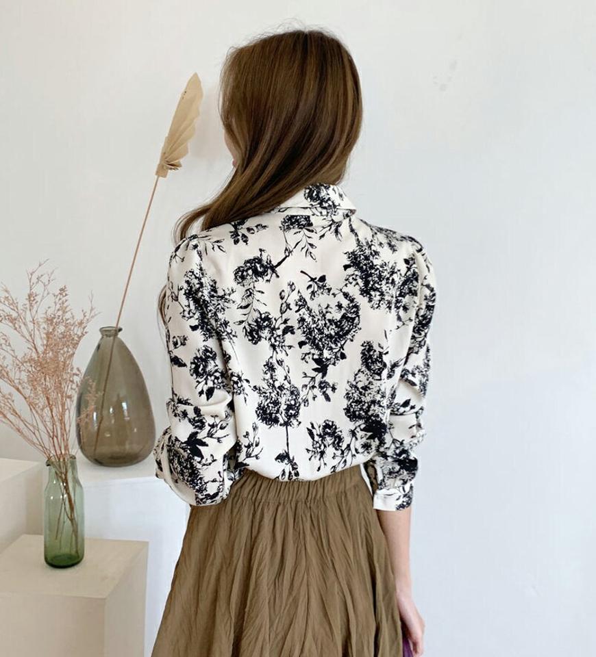 スリットネックプリントカラーブラウス・全2色・t70080 レディース 【bl】 トップス ブラウス 長袖 大人 ユニーク プリント シャツブラウス ラーネック シャツ 上品 フェミニン カジュアル 春 秋 韓国ファッション ハイホリHIHOLLI