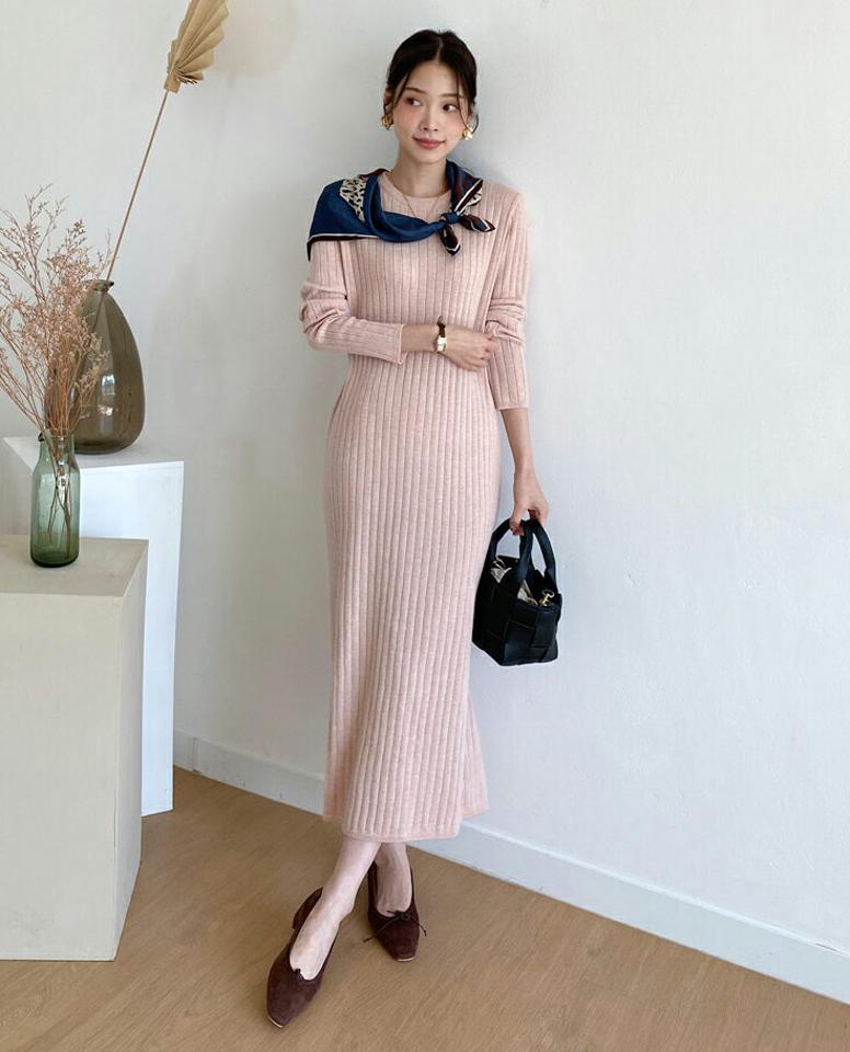 リブラウンドネックワンピース・全3色・b70086 レディース 【ops】 ワンピース ロング丈 長袖 リブ ラウンドネック フィット ストレート ニット 春 秋 韓国ファッション ハイホリHIHOLLI