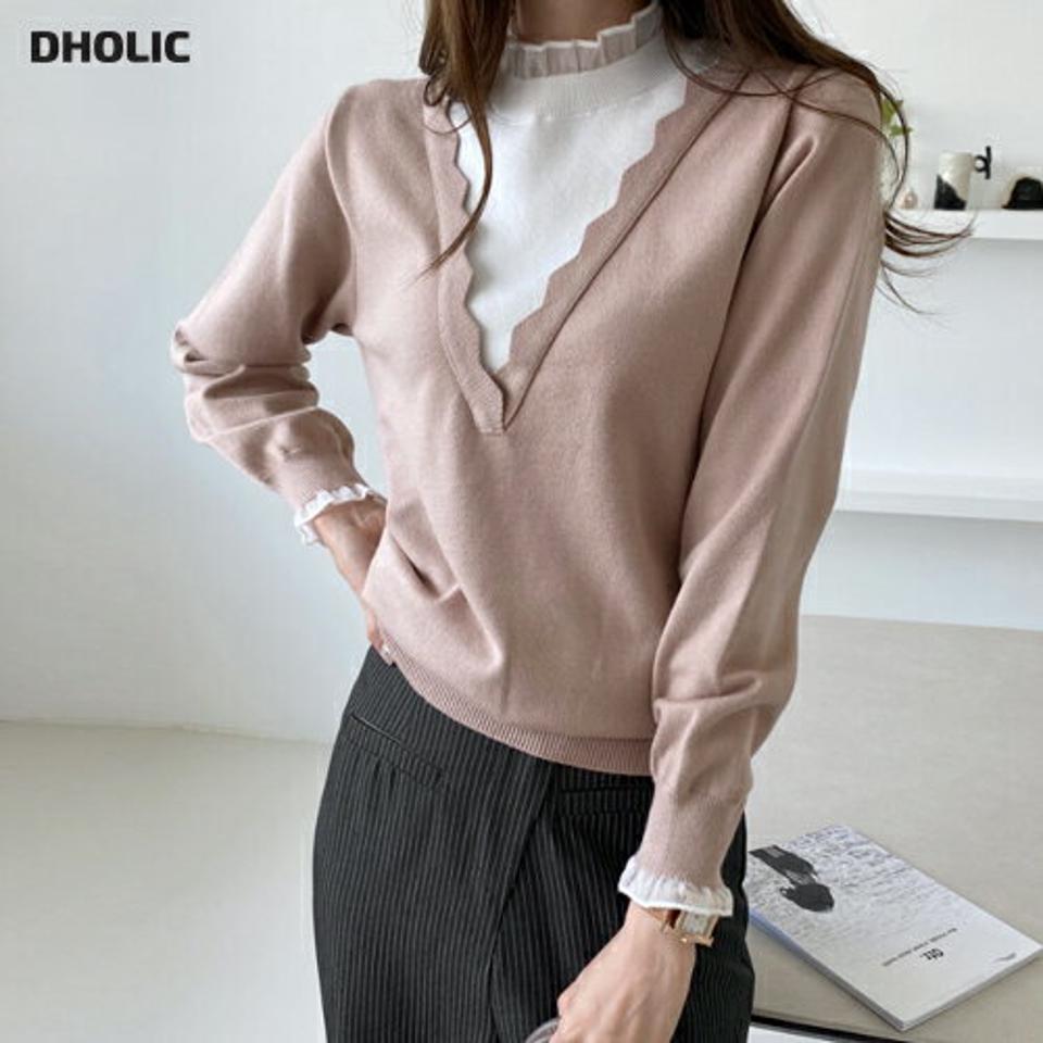 【只今10%OFF】ハーフネックウェーブ配色ニット・全4色・b70084 レディース 【tops】 トップス ニット 長袖 ユニーク ウェーブ ハーフネック レイヤード風 配色 メリハリ 大人 シンプル 細身 体型カーバー 上品 春 秋 韓国ファッション ハイホリHIHOLLI【NIT】