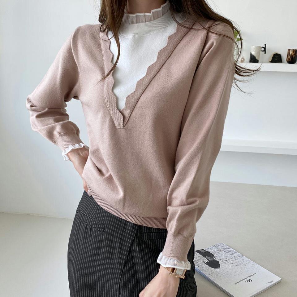 【只今10%OFF】ハーフネックウェーブ配色ニット・全4色・b70084 レディース 【tops】 トップス ニット 長袖 ユニーク ウェーブ ハーフネック レイヤード風 配色 メリハリ 大人 シンプル 細身 体型カーバー 上品 春 秋 韓国ファッション ハイホリHIHOLLI【NIT】