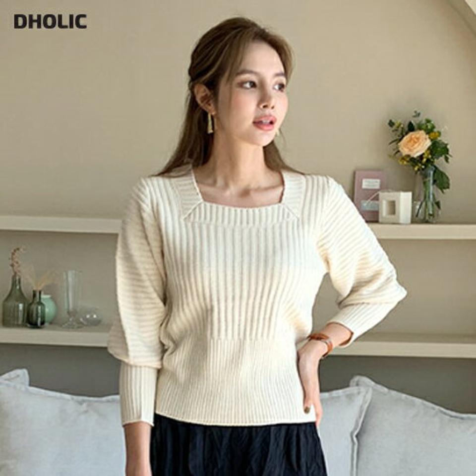 スクエアリブネックニット・全3色・b00334 レディース 【tops】 トップス ニット 長袖 ユニーク スクエアネック デコルテ メリハリ 大人 シンプル 細身 体型カバー 上品 スリム 春 秋 韓国ファッション ハイホリHIHOLLI