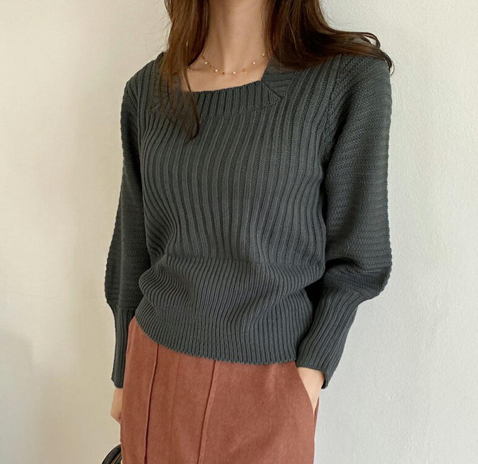 スクエアリブネックニット・全3色・b00334 レディース 【tops】 トップス ニット 長袖 ユニーク スクエアネック デコルテ メリハリ 大人 シンプル 細身 体型カバー 上品 スリム 春 秋 韓国ファッション ハイホリHIHOLLI