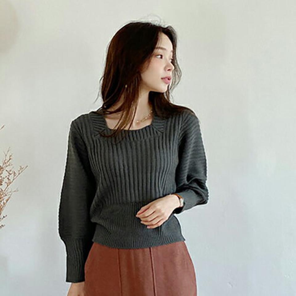 スクエアリブネックニット・全3色・b00334 レディース 【tops】 トップス ニット 長袖 ユニーク スクエアネック デコルテ メリハリ 大人 シンプル 細身 体型カバー 上品 スリム 春 秋 韓国ファッション ハイホリHIHOLLI