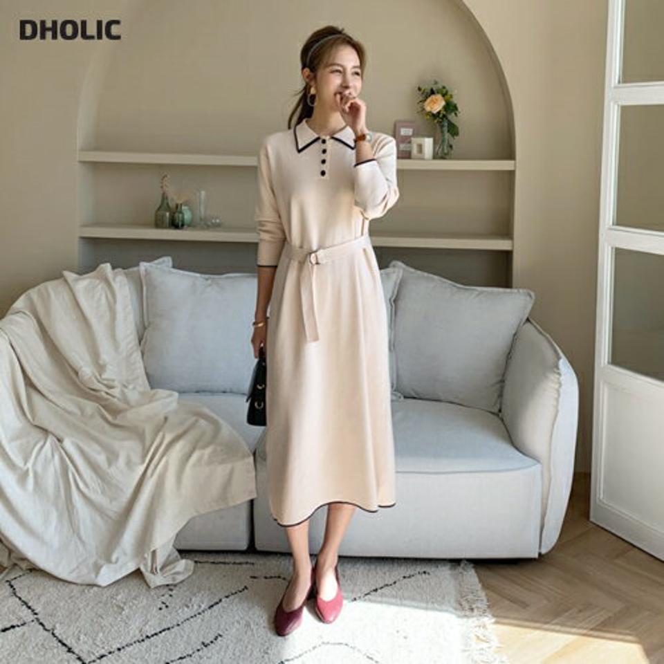 ベルト付配色ポロカラーワンピース・全3色・b70087 レディース 【ops】 ワンピース ロングワンピース 長袖 配色 ライン ポロ襟 カラーネック ハーフオープン ベルト ストレート ニット 体型カバー 春 秋 韓国ファッション ハイホリHIHOLLI