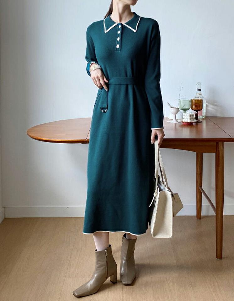 ベルト付配色ポロカラーワンピース・全3色・b70087 レディース 【ops】 ワンピース ロングワンピース 長袖 配色 ライン ポロ襟 カラーネック ハーフオープン ベルト ストレート ニット 体型カバー 春 秋 韓国ファッション ハイホリHIHOLLI