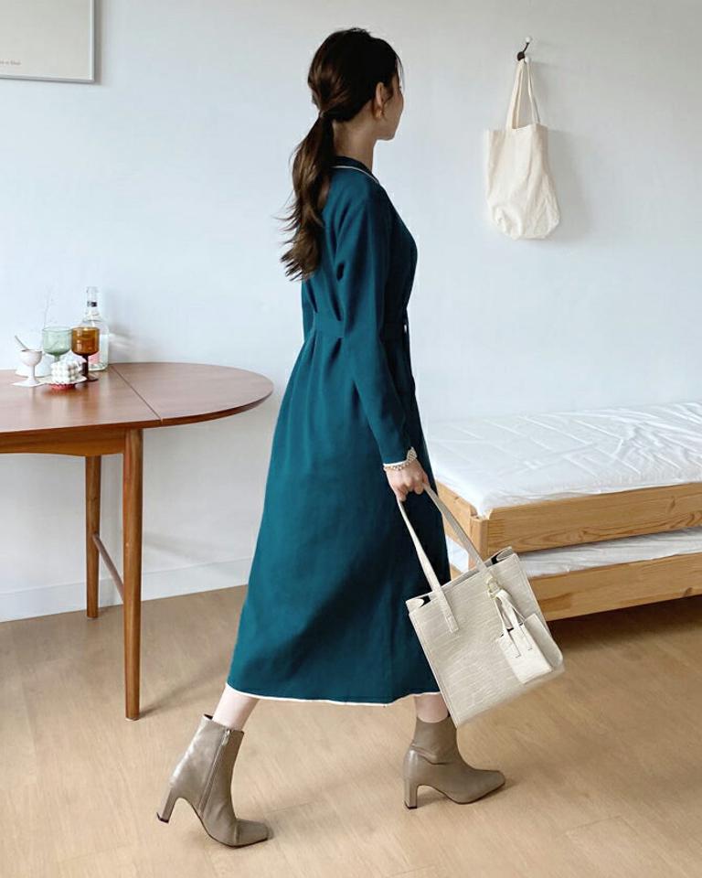 ベルト付配色ポロカラーワンピース・全3色・b70087 レディース 【ops】 ワンピース ロングワンピース 長袖 配色 ライン ポロ襟 カラーネック ハーフオープン ベルト ストレート ニット 体型カバー 春 秋 韓国ファッション ハイホリHIHOLLI