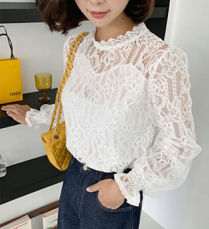 シャーリングスリーブレースブラウス・全3色・b65481 レディース 【bl】韓国ファッション トップス ブラウス 長袖 大人 パターンレース ロングスリーブ ルーズ ウェーブ ロング丈 上品 シンプル フェミニン カジュアル ガーリー 秋 春