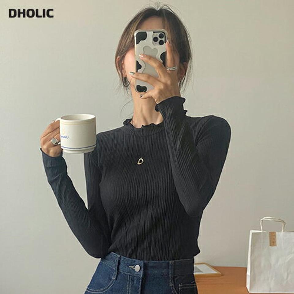 ウェーブリンクルハーフネックTシャツ・全4色・t65480 レディース 【tops】韓国ファッション トップス Tシャツ 長袖 ハーフネック スリム リンクル加工 カジュアル ウェーブ 光沢 シンプル ガーリー デイリー フェミニン 秋 春