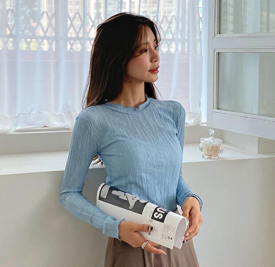 ウェーブリンクルハーフネックTシャツ・全4色・t65480 レディース 【tops】韓国ファッション トップス Tシャツ 長袖 ハーフネック スリム リンクル加工 カジュアル ウェーブ 光沢 シンプル ガーリー デイリー フェミニン 秋 春