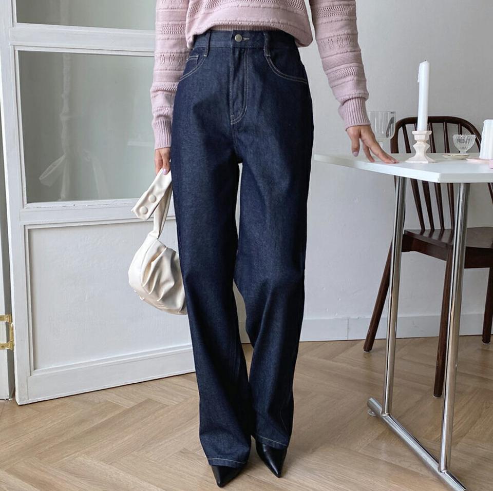 ステッチワイドデニムパンツ・全1色・t65501 レディース 【pt】韓国ファッション ボトムス ロング ロングパンツ デニム フレア デニムパンツ ステッチ ワイド ロング丈 ボタン ポケット ロールアップ ルーズ 体型もカバー シンプル 秋 春