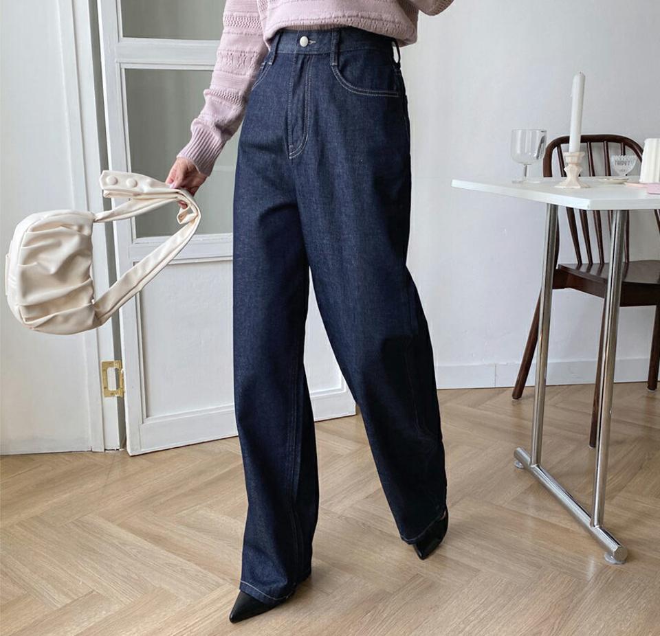 ステッチワイドデニムパンツ・全1色・t65501 レディース 【pt】韓国ファッション ボトムス ロング ロングパンツ デニム フレア デニムパンツ ステッチ ワイド ロング丈 ボタン ポケット ロールアップ ルーズ 体型もカバー シンプル 秋 春