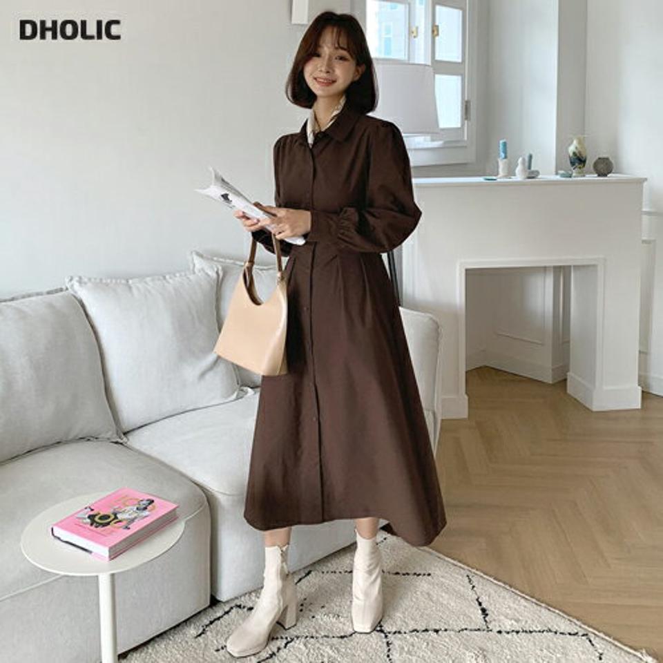ロングシャツワンピース・全3色・t65489 レディース 【ops】韓国ファッション ワンピース ロング丈 大人 シャツワンピース リボン フレア ギャザー 長袖 ロング丈 カジュアル シンプル フェミニン 秋 春