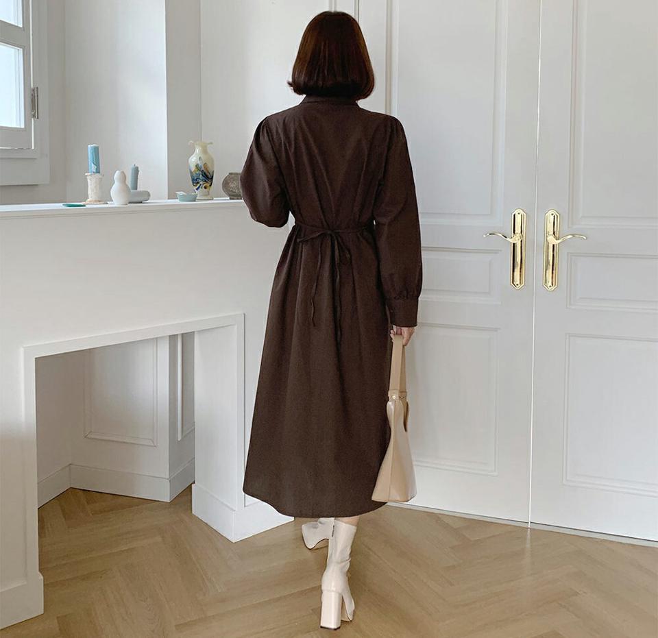 ロングシャツワンピース・全3色・t65489 レディース 【ops】韓国ファッション ワンピース ロング丈 大人 シャツワンピース リボン フレア ギャザー 長袖 ロング丈 カジュアル シンプル フェミニン 秋 春