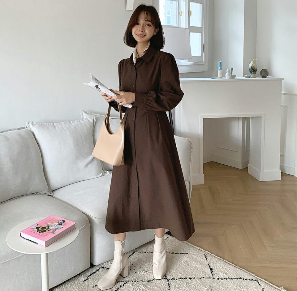 ロングシャツワンピース・全3色・t65489 レディース 【ops】韓国ファッション ワンピース ロング丈 大人 シャツワンピース リボン フレア ギャザー 長袖 ロング丈 カジュアル シンプル フェミニン 秋 春