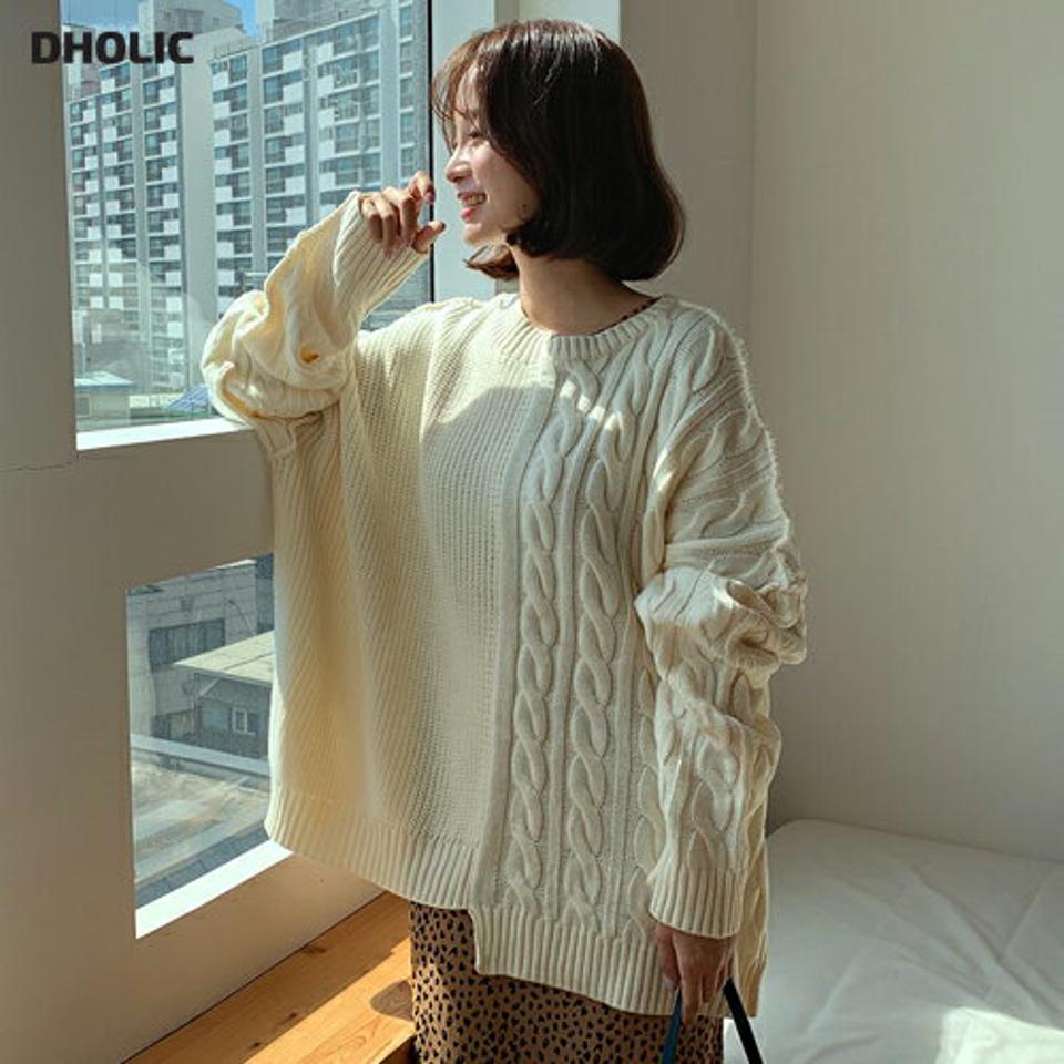 ハーフケーブルニット・全3色・a65485 レディース 【tops】韓国ファッション トップス ニット 大人 長袖 アンバランス シンプル カジュアル ケーブル編み ギャザー ルーズ ガーリー 体型カバー 細身 フェミニン 大きいサイズ 上品 秋 春