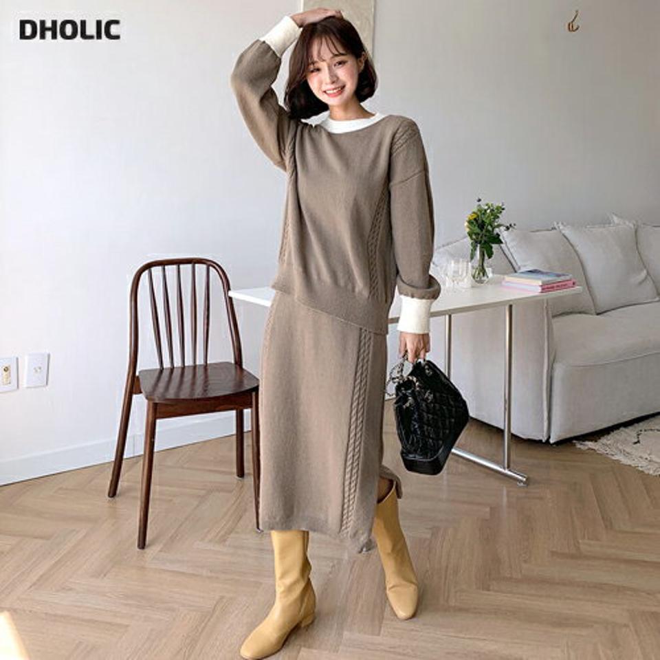 配色ケーブルラインニット&スカートSET・全3色・b65502 レディース 【ops】韓国ファッション ワンピース セットアップ ニット スカート ロングカート ラウンドネック 配色 ケーブルライン ルーズ ロング丈 長袖 セット 大人 長袖 フェミニン 秋 春