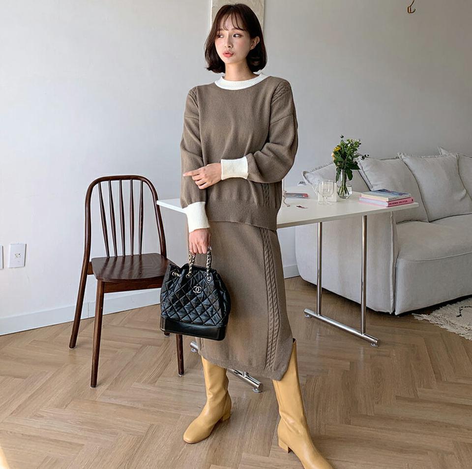 配色ケーブルラインニット&スカートSET・全3色・b65502 レディース 【ops】韓国ファッション ワンピース セットアップ ニット スカート ロングカート ラウンドネック 配色 ケーブルライン ルーズ ロング丈 長袖 セット 大人 長袖 フェミニン 秋 春