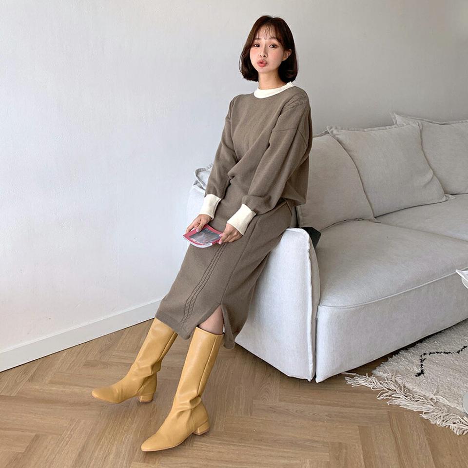 配色ケーブルラインニット&スカートSET・全3色・b65502 レディース 【ops】韓国ファッション ワンピース セットアップ ニット スカート ロングカート ラウンドネック 配色 ケーブルライン ルーズ ロング丈 長袖 セット 大人 長袖 フェミニン 秋 春