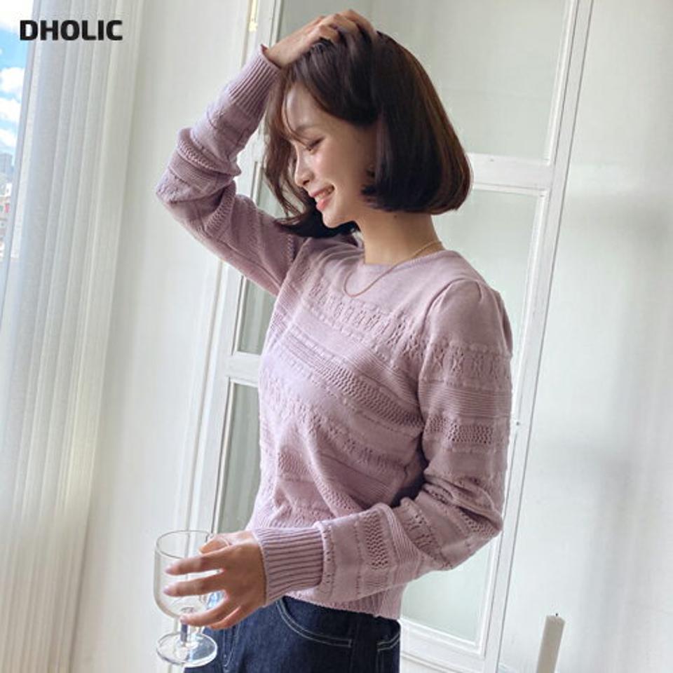 ラウンドパンチングニット・全4色・t65482 レディース 【tops】韓国ファッション トップス ニット 大人 長袖 ラウンドネック パンチング シンプル カラーニット カジュアル ギャザー ルーズ ガーリー 細身 フェミニン 上品 秋 春