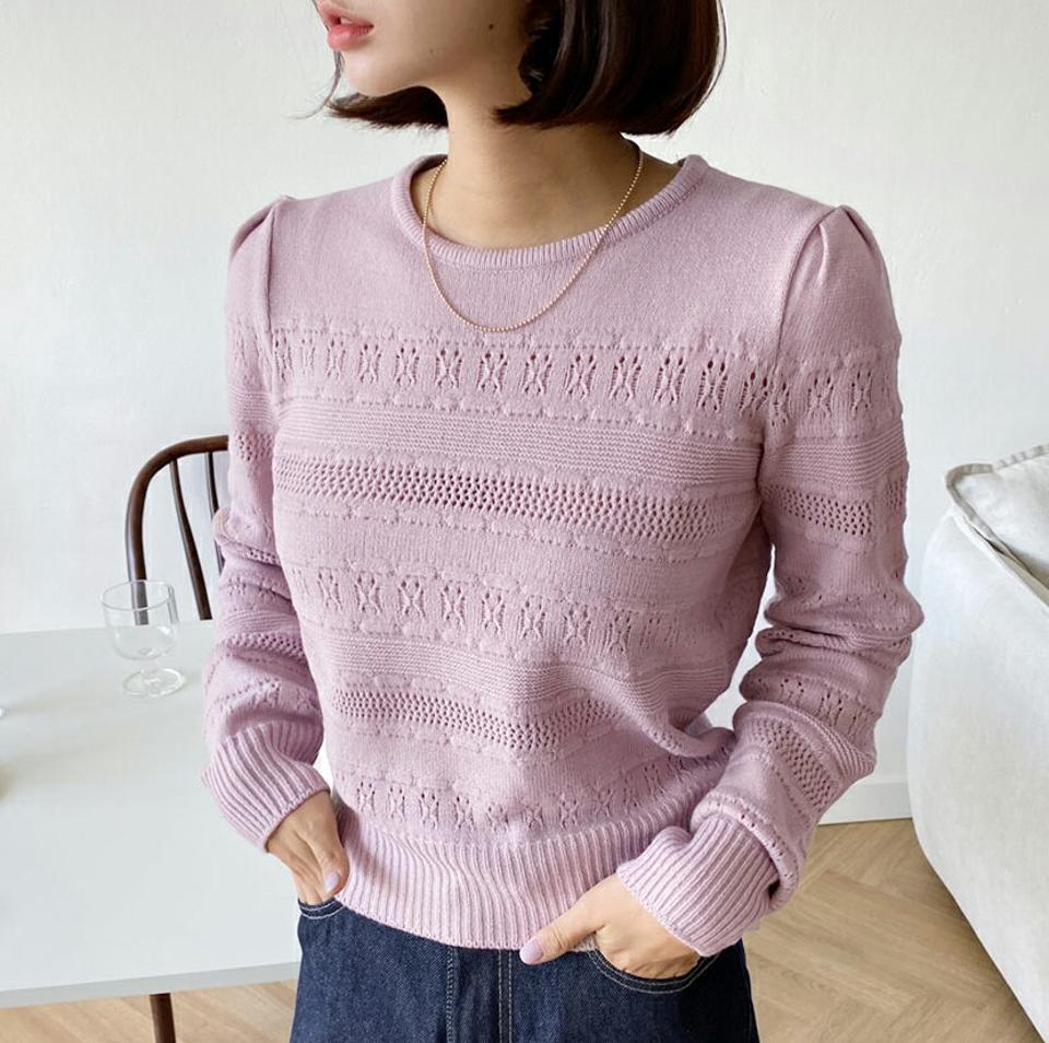 ラウンドパンチングニット・全4色・t65482 レディース 【tops】韓国ファッション トップス ニット 大人 長袖 ラウンドネック パンチング シンプル カラーニット カジュアル ギャザー ルーズ ガーリー 細身 フェミニン 上品 秋 春