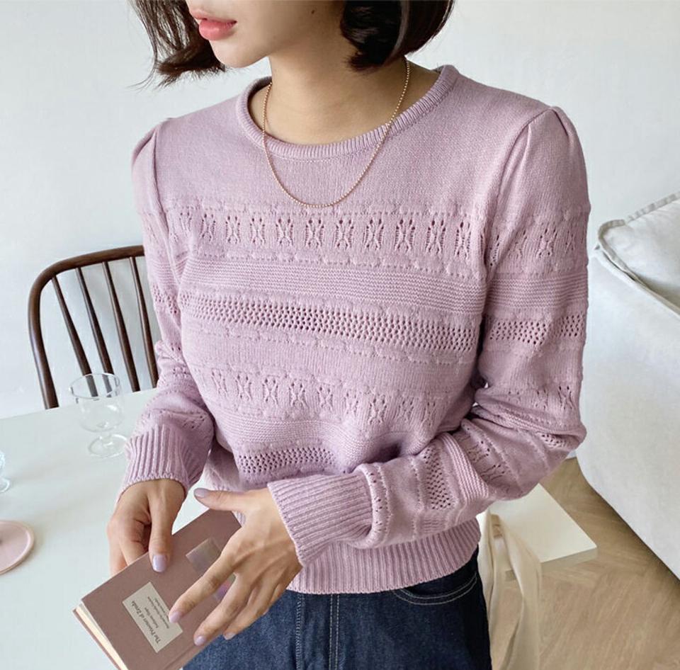ラウンドパンチングニット・全4色・t65482 レディース 【tops】韓国ファッション トップス ニット 大人 長袖 ラウンドネック パンチング シンプル カラーニット カジュアル ギャザー ルーズ ガーリー 細身 フェミニン 上品 秋 春