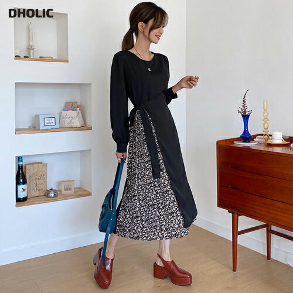 フローラルラップワンピース・全2色・b65490 レディース 【ops】韓国ファッション ワンピース ロング ロングワンピース 大人 ラウンドネック ラップスタイル 花柄 フローラル ストラップ 長袖 ロング丈 シンプル フェミニン 体型カバー 秋 春